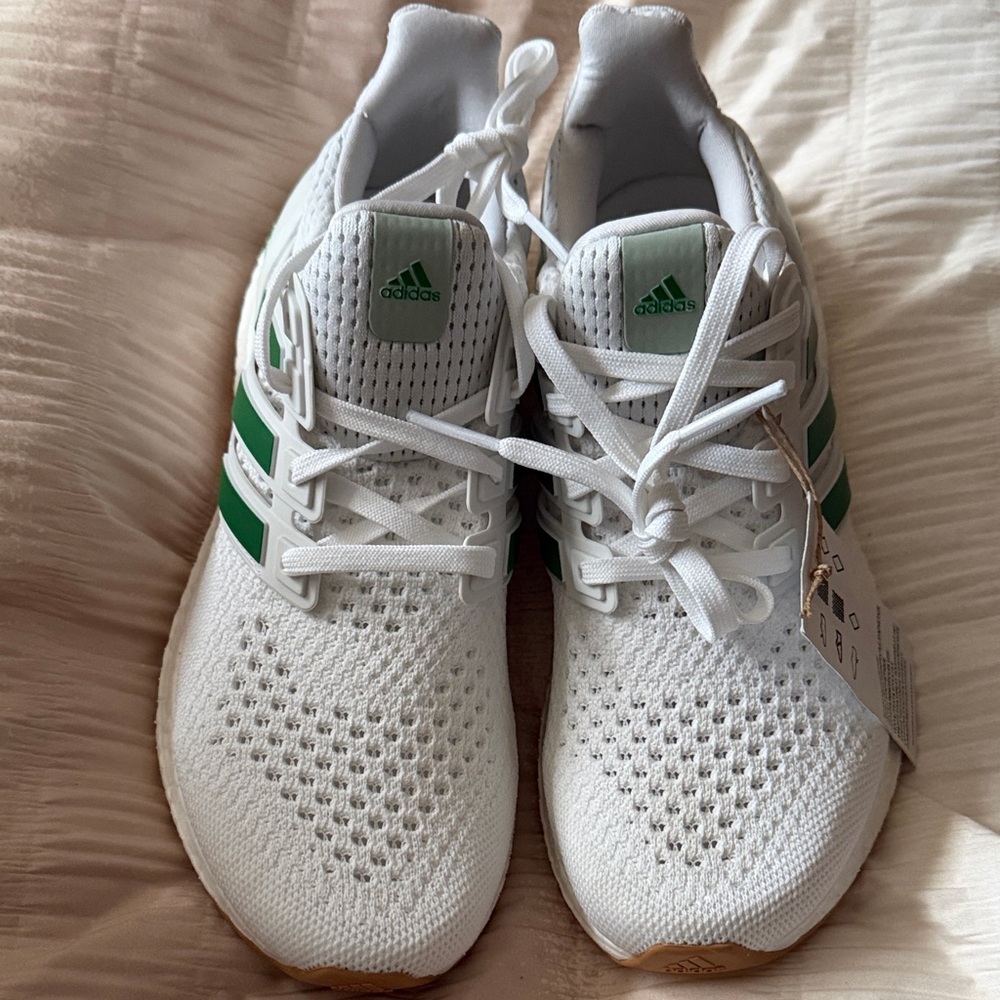 Adidas White Sneakers with Green Stripes